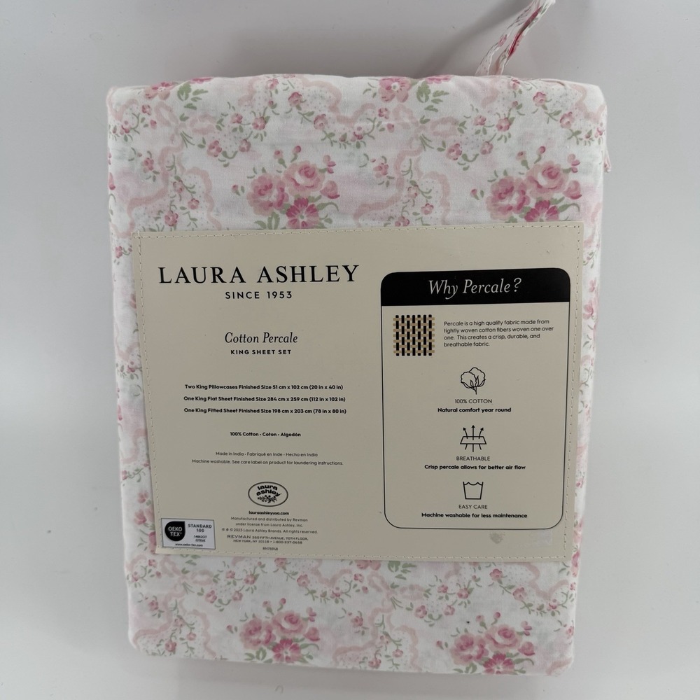 NWT LAURA ASHLEY Evie King Size Pink / Green Floral Cotton Percale Sheet Set - Picture 3 of 4
